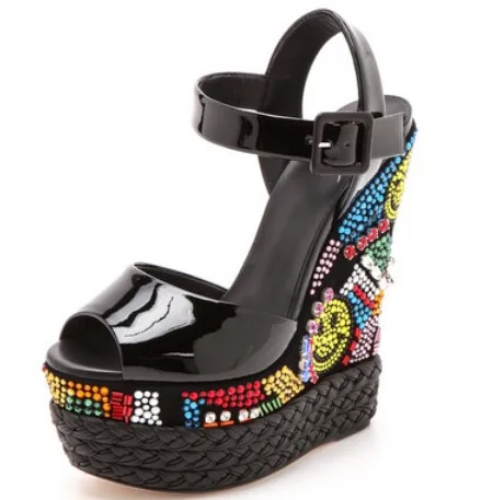 

Newest Glossy black patent leather wedge sandals multi-color crystal&beads embellished ultra high heel dress shoes
