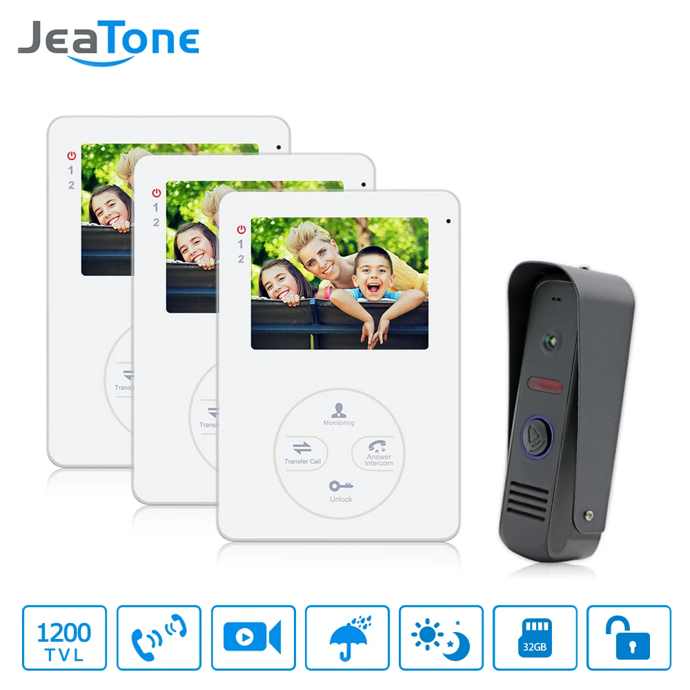 Jeantone 4 Inch Video Doorphone Doorbell Intercom 1 Front Door Camera With 3 Indoor Monitors Pictures And Video Recording