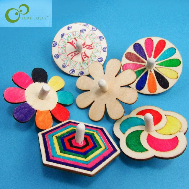 6pcs/set White Wood Gyro Toy for Children DIY Handmade Painted Toy Gyro Pinata Creative Kindergarten Hand Painted Toy WYQ 1