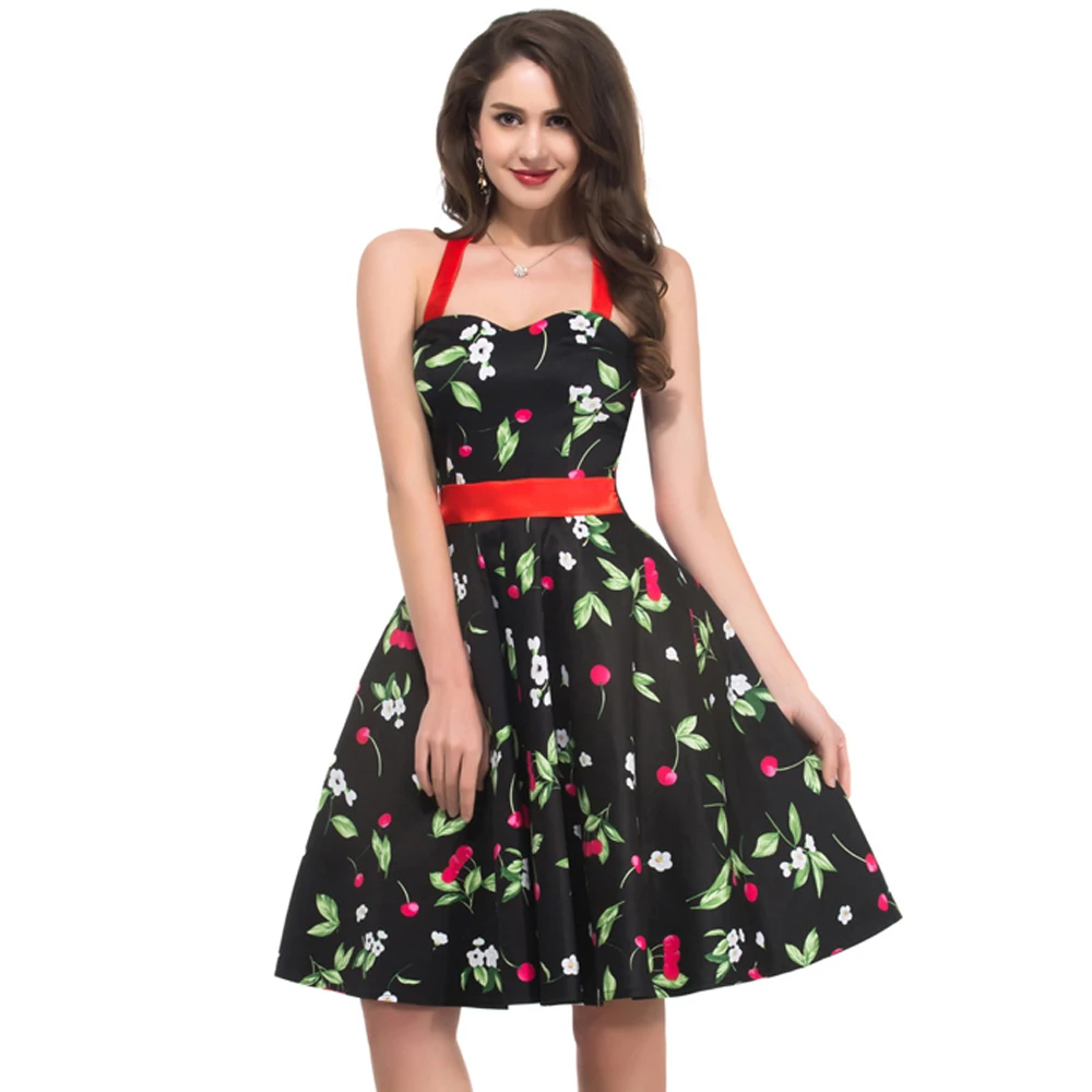 Women Dress Halter Cotton 1950s Rockabilly Dress Pin Up Floral Vestidos