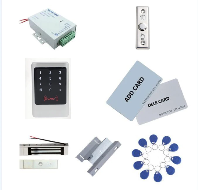 

standalone access control kit,metal controller power+180kg magnetic lock+180kg ZL-bracket+exit button+10 keyfob ID tag,sn:Tset-5