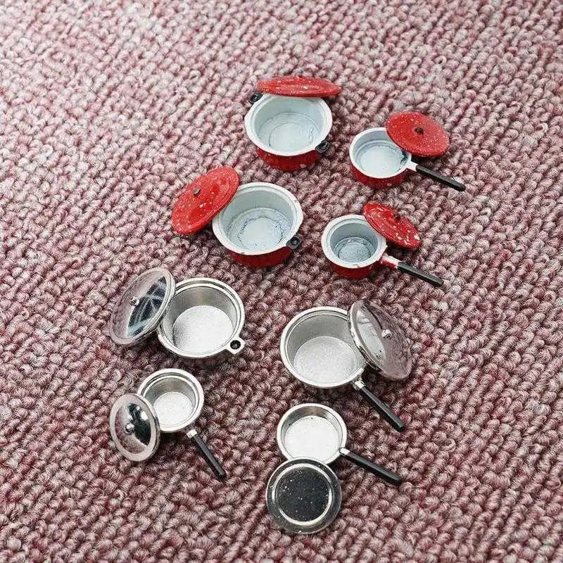 Dongzhur Dollhouse Miniature 1:12 DIY Doll House Kitchen Furniture Accessories White And Red Mini Pot With 4pcs Set Dropshipping