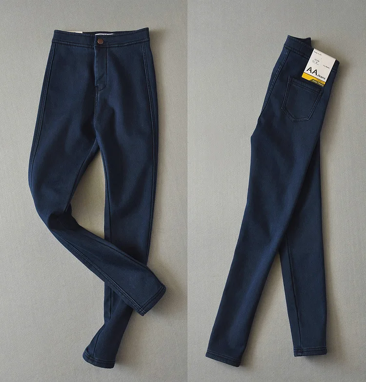 

2017 Winter Warm Jeans Pants New Women Faux Denim Pencil Pants Solid Warm Thicken Fleeces Trousers Footless Leggings Plus Size