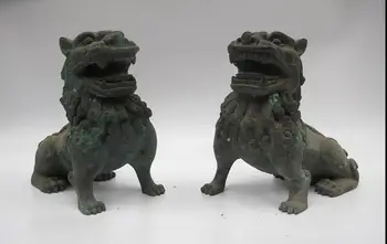 

China Folk Classical Bronze Copper Evil Guardian Foo Dog Lion Pi Qiu beast Pair