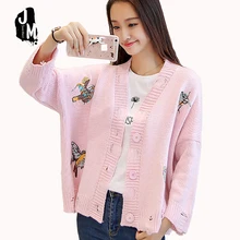 2017 Women Long Sweaters Cardigans Bird Embroidery Hole Knitted Sweaters Jacket Spring Autumn Coat Slim Fit Woman Winter Outwear