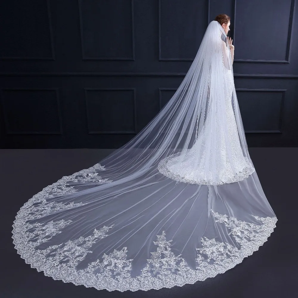 

3.5 M White Ivory Cathedral Wedding Veils Long Applique Edge Bridal Veil with Comb Wedding Accessories Bride Veu Wedding Veil