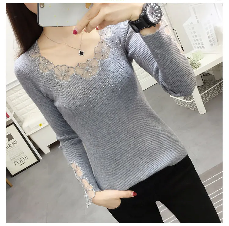 Women Pullovers 2019 Flower Lace Pullover Sweaters Fashion Round Collar Knitted Tricot Pull Fall High Elastic Sweater Women (4)