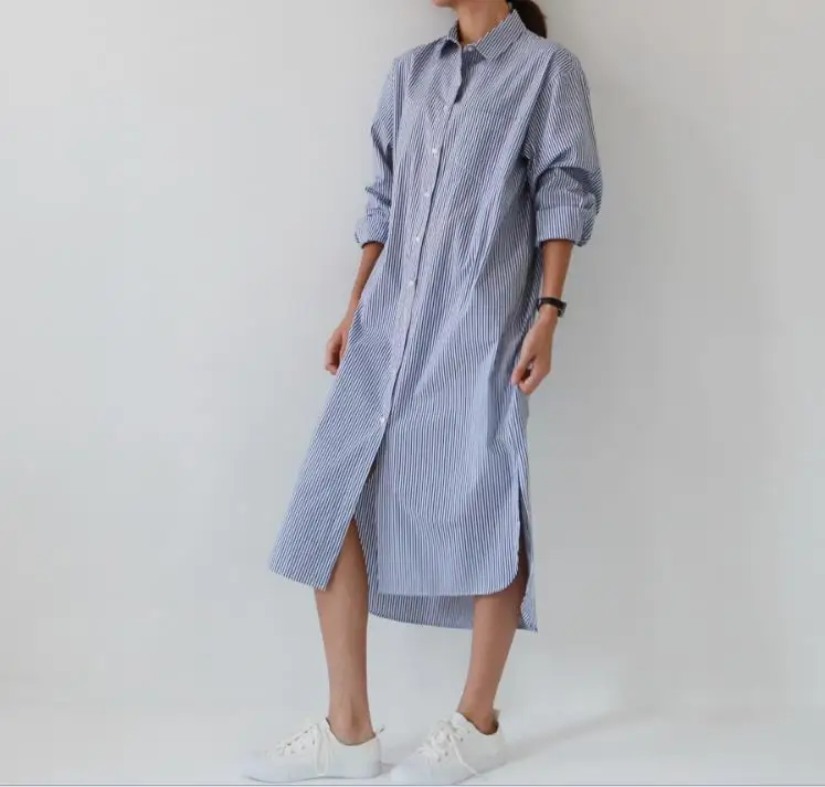 Женское летнее платье рубашка с отложным воротником и длинным рукавом|plus size summer