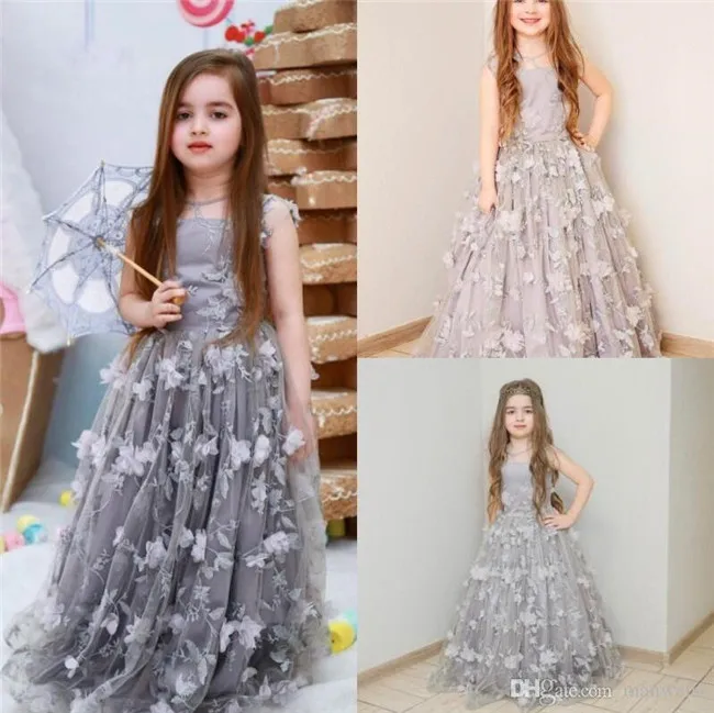 Cute Silver Flower Girl Dresses For Weddings with 3D Floral Appliques ...