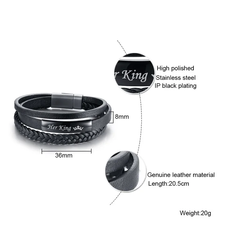 Vnox His Queen and Her King Couple Bracelets Black Braided Genuine Leather Promise Love pulseira Gifts Vnox His Queen and Her King Couple Bracelets Black Braided Genuine Leather Promise Love pulseira Gifts