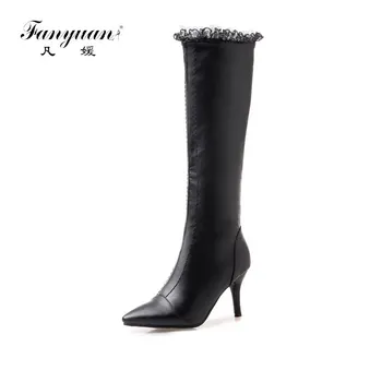 

Fanyuan Women Knee-High Boots PU leather Thin High Heel Boots Sexy Pointed Toe long Boots Winter Ruffles boots Plush Shoes