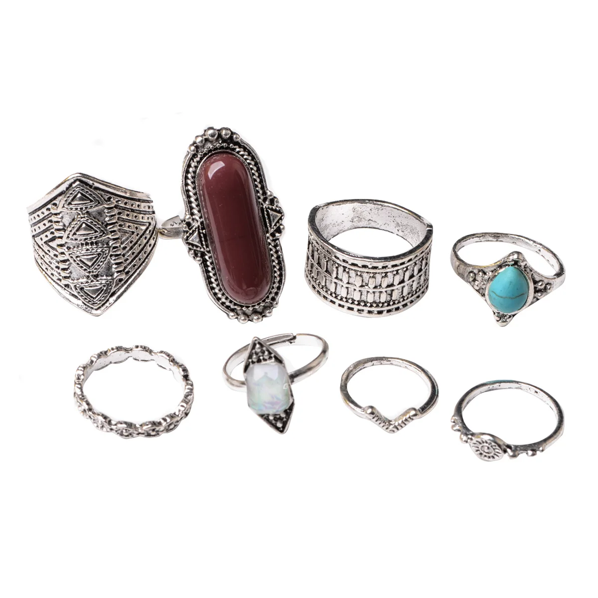 Bohemian Style 8pcs/Set Vintage Anti Silver Rings Retro Punk Midi Rings Set for Women Above Knuckle Finger Rings Fashion Jewelry