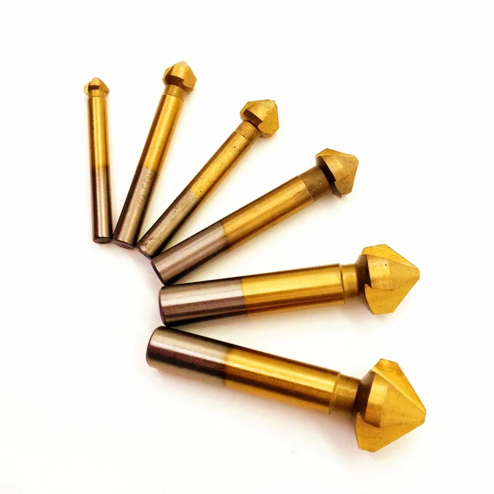 

Free Shipping 6pcs/Set 3 Flute HSS Hard Metals Titanium 3 Edge Chamfer Chamfering End Mill Cutter Bit Countersink Set Drill Bit