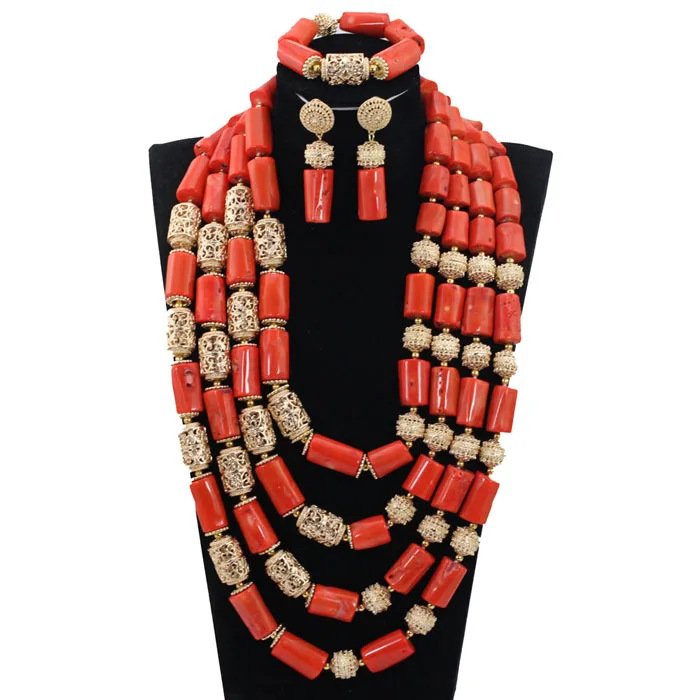 2017 New Luxury 4 Layers Original Traditional African Coral Beads Necklace Jewelry Set Long Real Coral Beads Free ShippingABH496