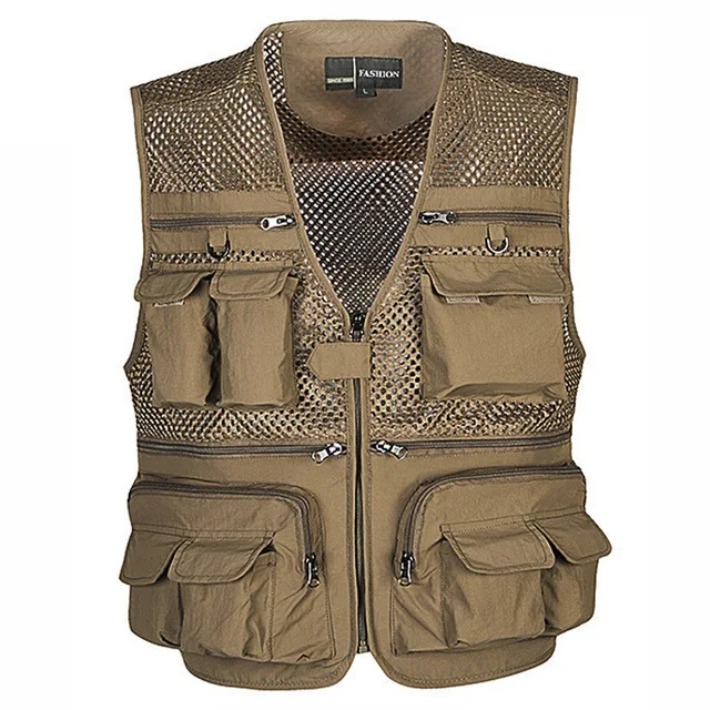 Men Army Green Khaki Multi Pocket Mesh Vest Men's Hunter Fisherman
