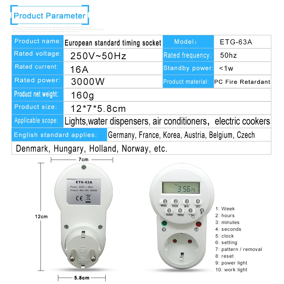 Электронный цифровой таймер ЕС, энергосберегающая программируемая умная розетка с таймером, 24 часа в неделю
