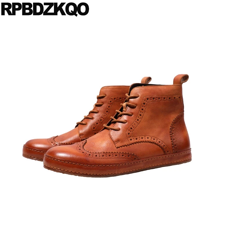

Brown Genuine Leather Booties Brogue Oxford Full Grain Handmade Boots Men's Shoes Wingtip High Top Retro Sneakers Trainer Ankle