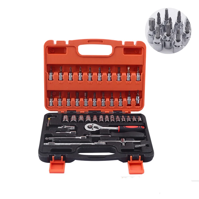 

46pcs Car Repair Tool Box 1/4-Inch Socket Set Ratchet Torque Wrench Combo Tools Kit Auto Repairing Tool Set For Universal