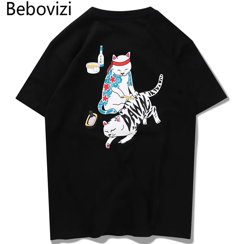 

Bebovizi Japanese Hip Hop Tattoo Cat Printed T Shirts Streetwear Black Short Sleeve Tshirts Harajuku Men T-Shirt Casual Top Tees