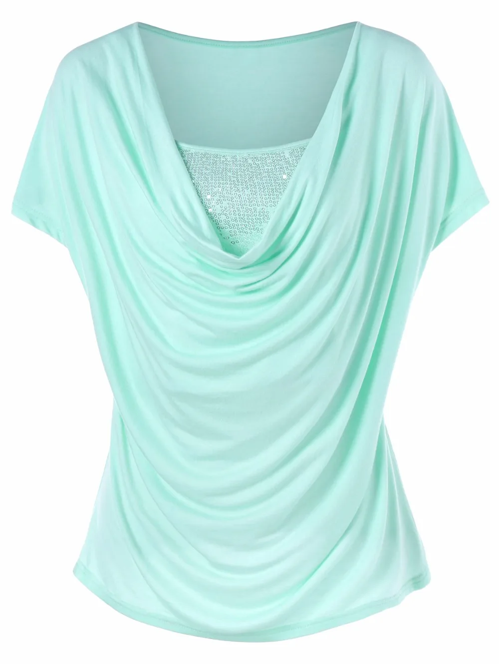 VESTLINDA Ruched Sequined Short Sleeve T-Shirt Women T Shirt Summer Casual Cowl Neck Solid Color Top Fashion Women Clothing Tees 3