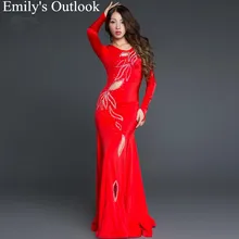 Ираковое платье Kawleeya, длинное платье-рыбий хвост, цельный блестящий костюм для танца живота ручной работы, красный, черный цвет