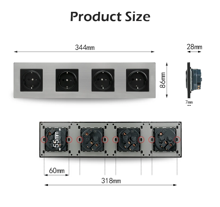 Minitiger панель из нержавеющей стали 4 банды настенная розетка 16A в Европу в Россию Испания электрическая розетка серебристый черный детская защита для двери