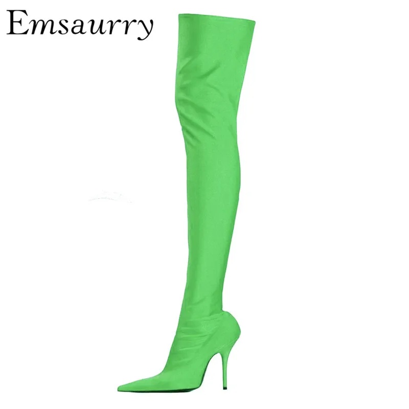 

Fashion Runway Botas Mujer Sexy Thin High Heels Pointed Toe Candy Color Stretch Satin Over The Knee Boots Spring Long Booties
