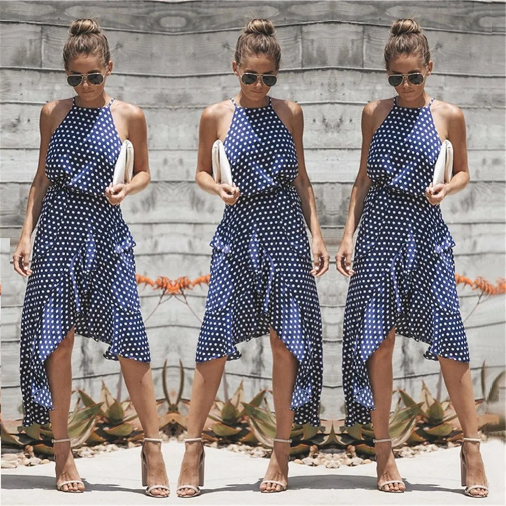 

GEJIAN 2019 Summer Fashion Women's Sling Sleeveless Polka Dot Temperament Waist Elegant Irregular Dress Robe Femme