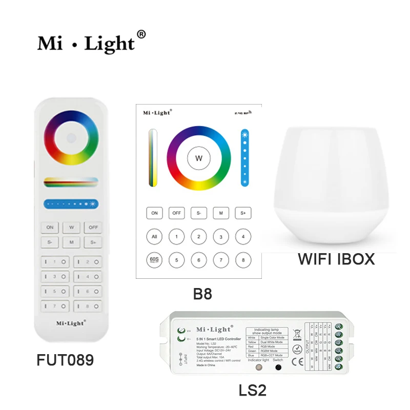 

MiLight WIFI IBOX 8 Zone FUT089 remote B8 Wall-mounted Touch Panel LS2 5IN 1smart led controller for RGB+CCT led strip
