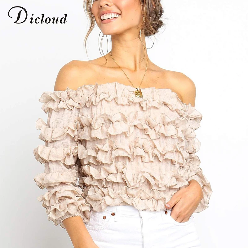 

DICLOUD Off Shoulder Frilled Cotton Crop Top Women Summer Autumn Elegant Khaki Black Blouses Sexy Ruffle Shirts 2019 Streetwear