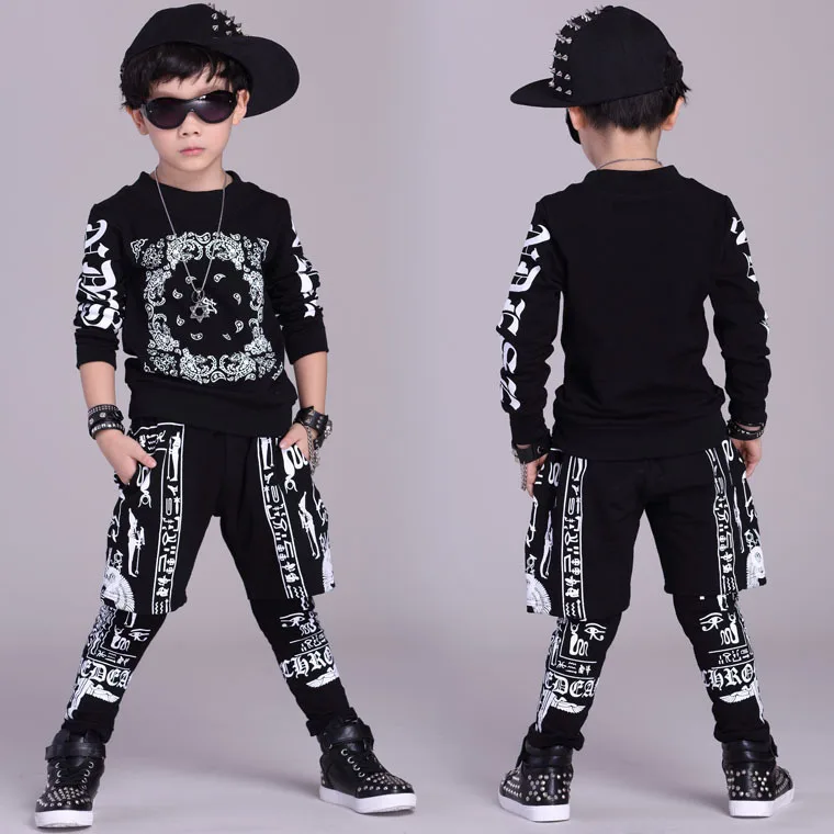 

Fashion Kids Sets Suit Cotton New Casual Children Dance Clothes Hip-Hop Clothing For Teenager Black Printing Sports Suits Boys