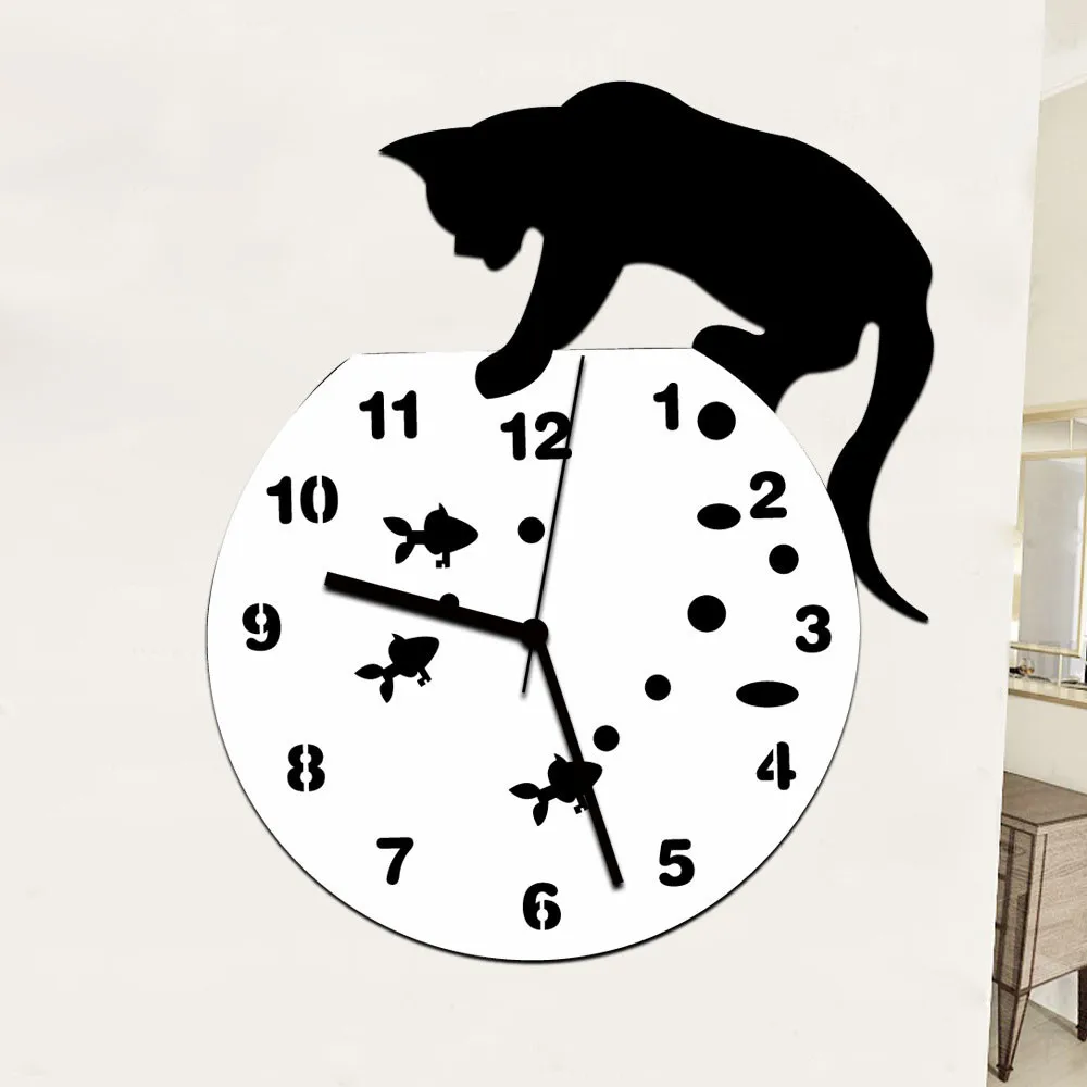 Настенные часы 3D домашний декор акриловые настенные часы дизайн кошки и рыбы большие часы кварцевые часы для кошки декоративные часы для гостиной# 5