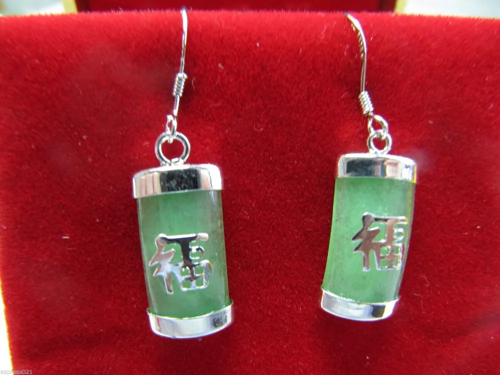

Pure 925 Sterling Sliver Fine Jade/Craft Long Fu Dangle Earrings18K GP style Fine jewe Noble Natural jade FREE SHIPPING