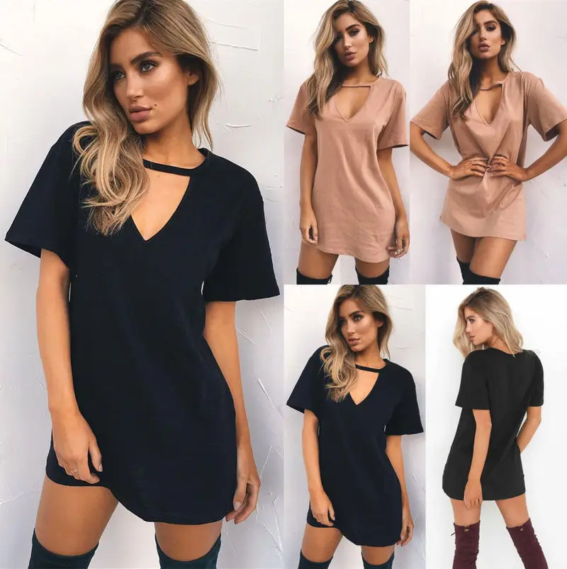 

Women Tshirt Dress 2019 Choker V-neck Summer Dresses Short Sleeve Casual Sexy Halter Loose Boho Beach Dress Vestidos Plus Size