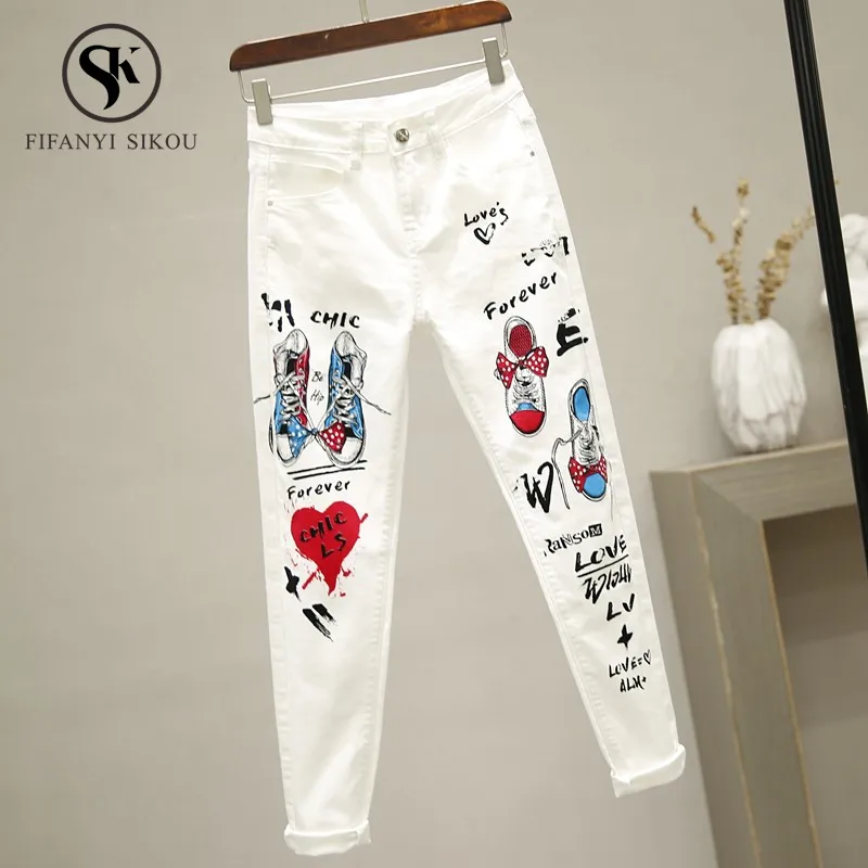 

Jeans for Women Fashion Print High Waist Jeans Woman High Elastic Plus size Stretch Jeans Female White Denim Skinny Pencil pants