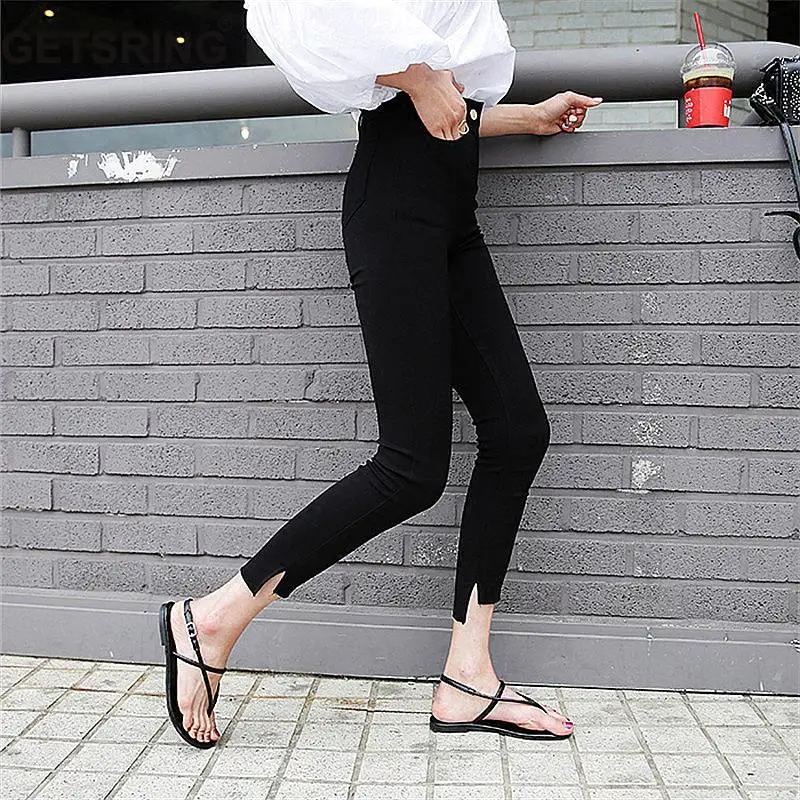 

GETSRING Leggings Women Black Skinny Bottoming Pants Female High Waist Slim Thin Split Trousers All Match Nine Points Pants XL
