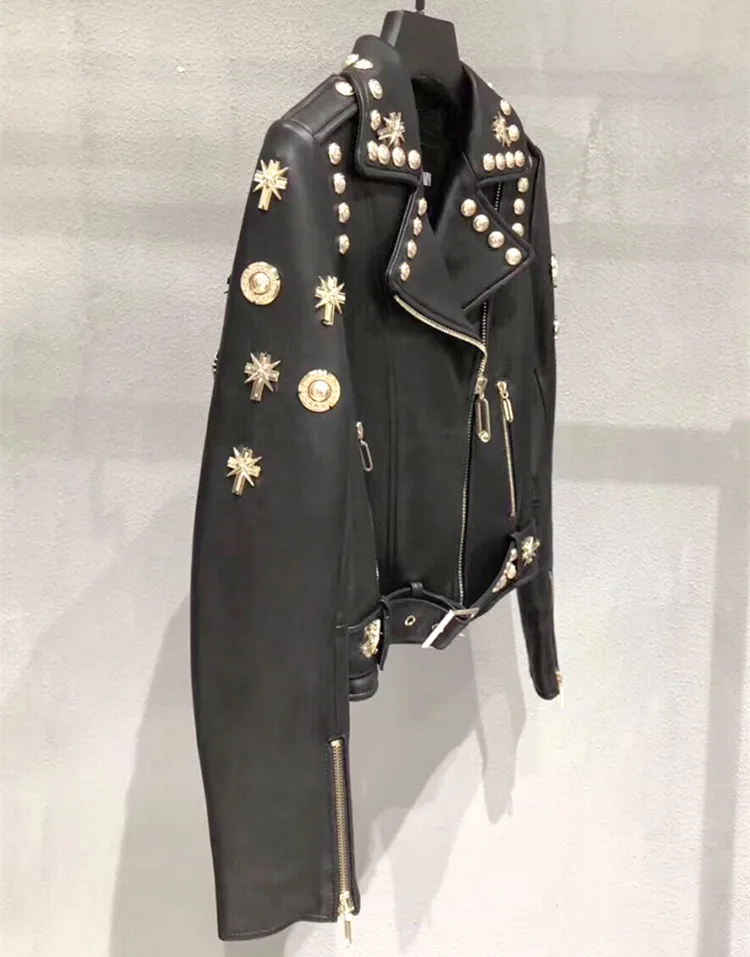 European style women's rivets jackets coat 2019 spring real leather biker jackets High quality sheepskin coat G152
