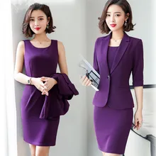 Женские костюмы, платья, костюмы 3/4 рукав, Тонкий Блейзер+ платье без рукавов, комплект из 2 предметов, Vestido, формальное платье Mujer, женский костюм 80911