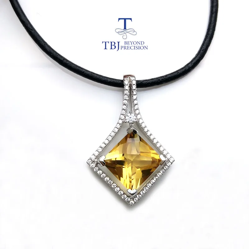 

TBJ ,Square shape pendant in 925 sterling silver with nautral citrine checkerboard cut luxury shiny pendant for women as gift