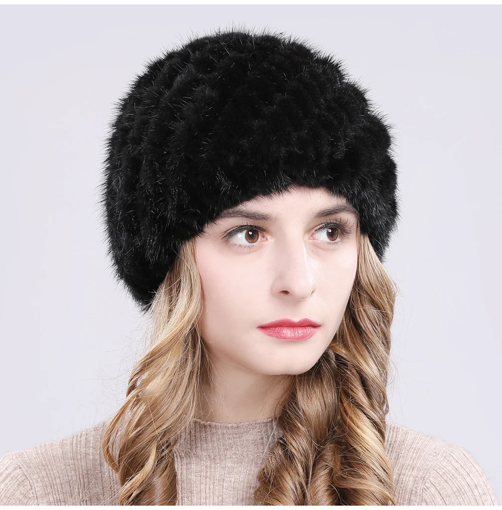 Hot Sale Winter Real Mink Fur Hat Women Good Elastic Knit Real Natural Mink Fur Beanies Hats Lady Real Mink Fur Thick Warm Cap