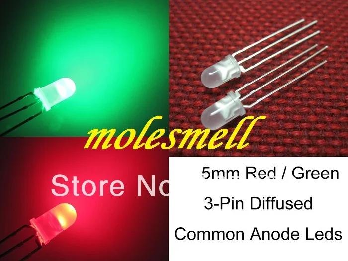 100pcs 3mm Dual Bi-Color Red//Green Diffused Bright 3-Pin Led Common Anode Leds