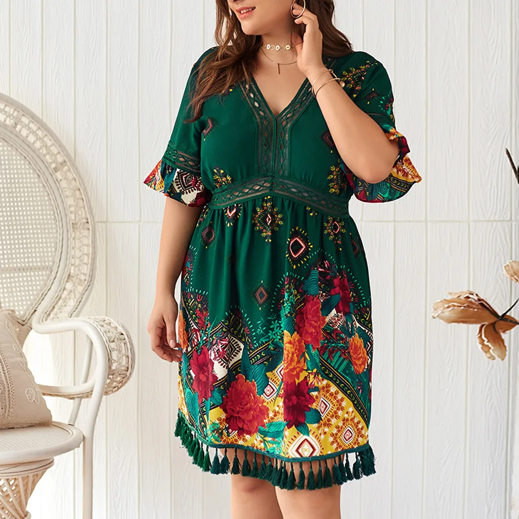 Plus Size Women Summer Dress Bohemian Floral Print Tassels Short Sleeve Dress Vintage Women V-Neck Beach Dresses roupas feminina