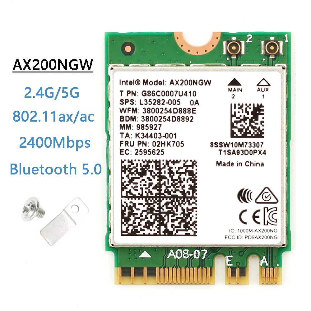 

Dual band 2.4Gbps Wireless Intel Wi-Fi 6 AX200 Bluetooth 5.0 802.11ax/ac MU-MIMO 2x2 Wifi NGFF M.2 Network Wlan Card AX200NGW