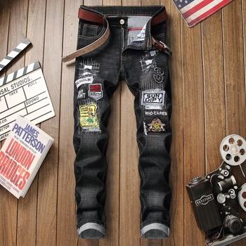 

2019 Fashion ripped hip hop jeans men full length hign quality patchwork plus size 29-38 homme jeans disressed slim fit jeans