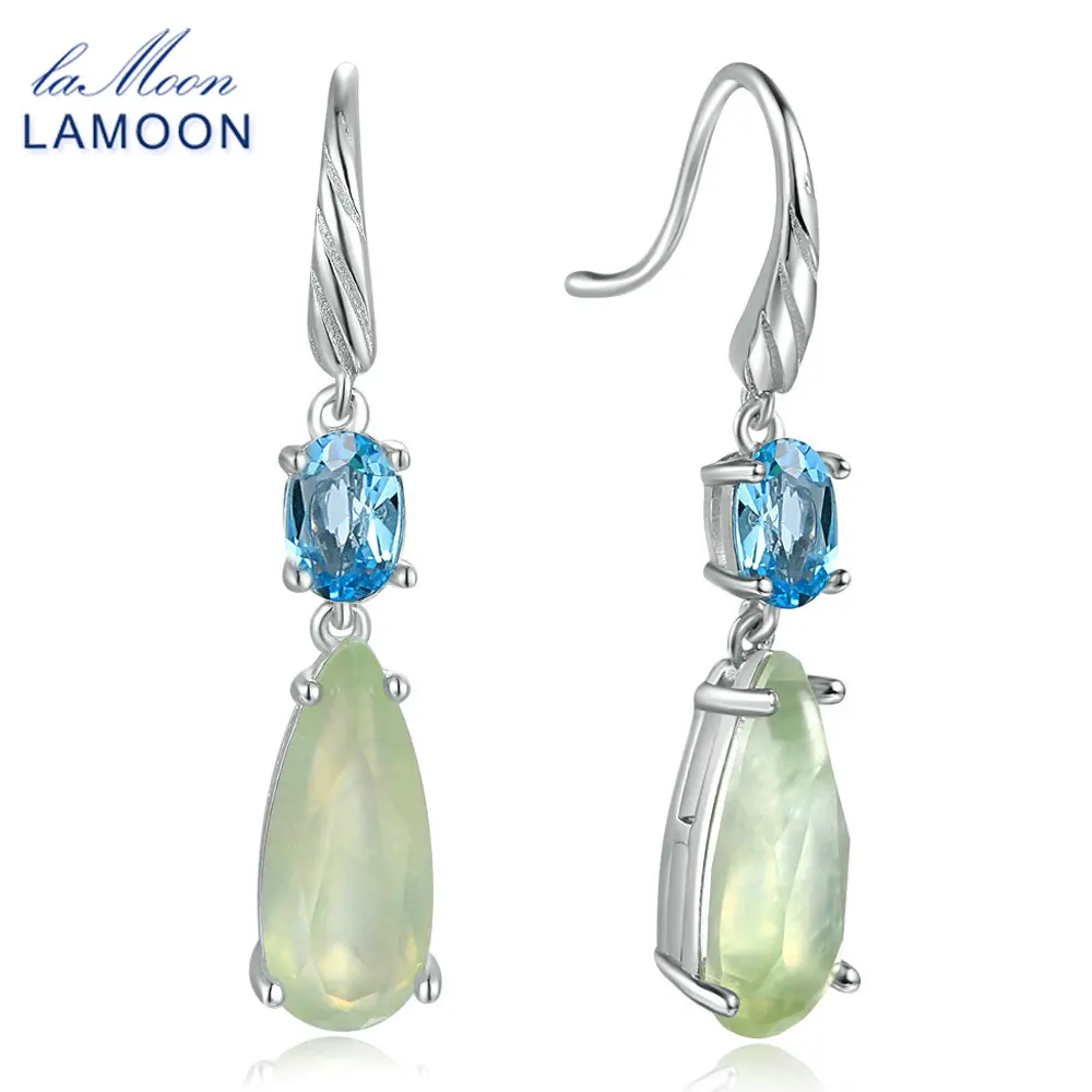 

Lamoon 100% Natural TearDrop Green prehnite 925 Sterling Silver Drop Earrings Women Fine Jewelry S925 LMEI056