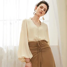100% Silk Blouse Women Shirt V Neck Buttons Decoration Solid Long Lantern Sleeves Office Top Elegant Style New Fashion 2018 black plung v neck lantern long sleeves plain blouse