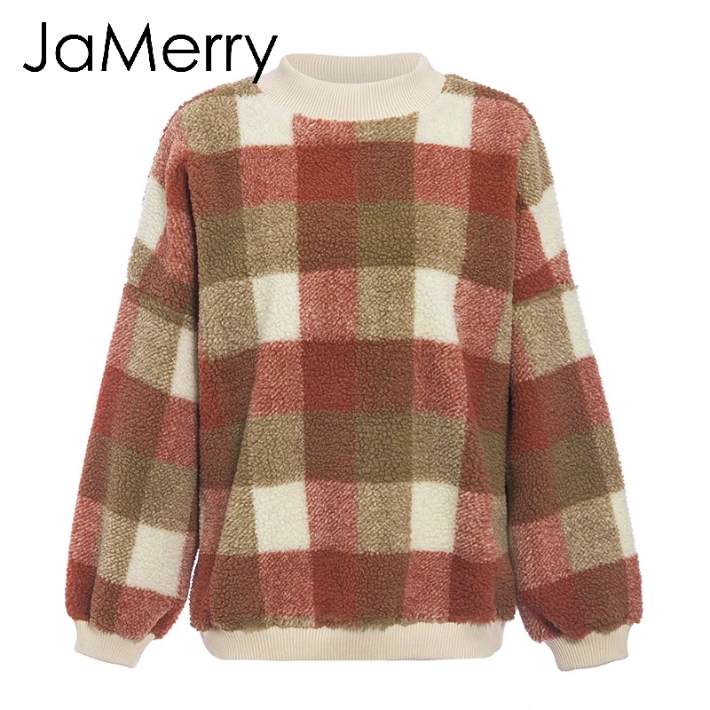 JaMerry, винтажные, повседневные, из овечьей шерсти, в клетку, женские толстовки, свитшоты, пуловер, свободный, женский, толстовка, осень, зима, для девушек, теплое пальто