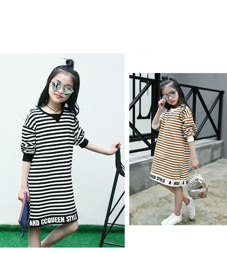 Children's dress Girls Spring and Autumn striped letter in the long casual blouse shirt Middle school student clothes