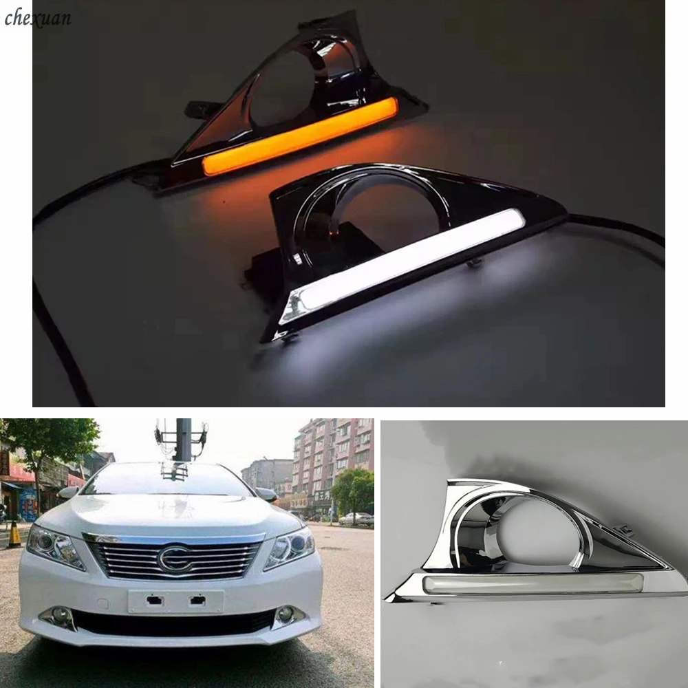 

CSCSNL 1 set For Toyota Camry 2012 2013 2014 LED Daytime Running Light ABS fog lamp cover with Yellow Turnning Signal