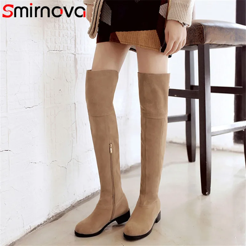 Smirnova/Лидер продаж, высокие сапоги на молнии абрикосовый цвет, г., сапоги до бедра на низком каблуке замшевые сапоги из коровьей кожи женская модная обувь с круглым носком
